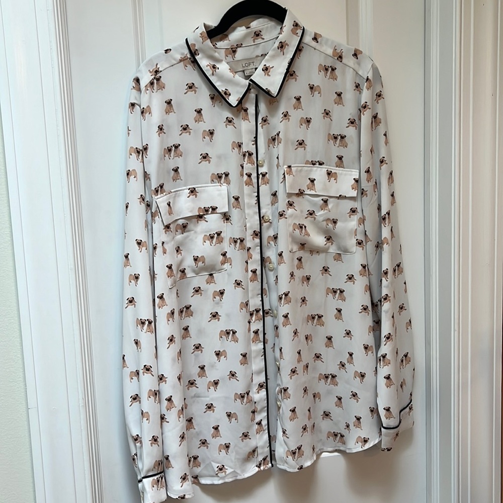 Loft off white pug blouse with cuff, long sleeves, black piping